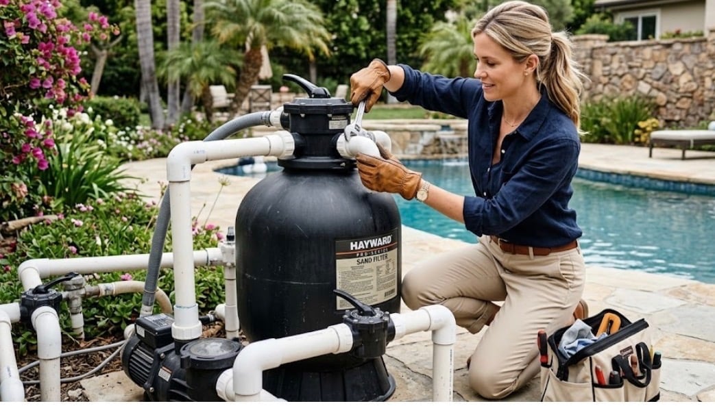 Woman performing maintenance on a pool filter system in a tropical backyard with swimming pool