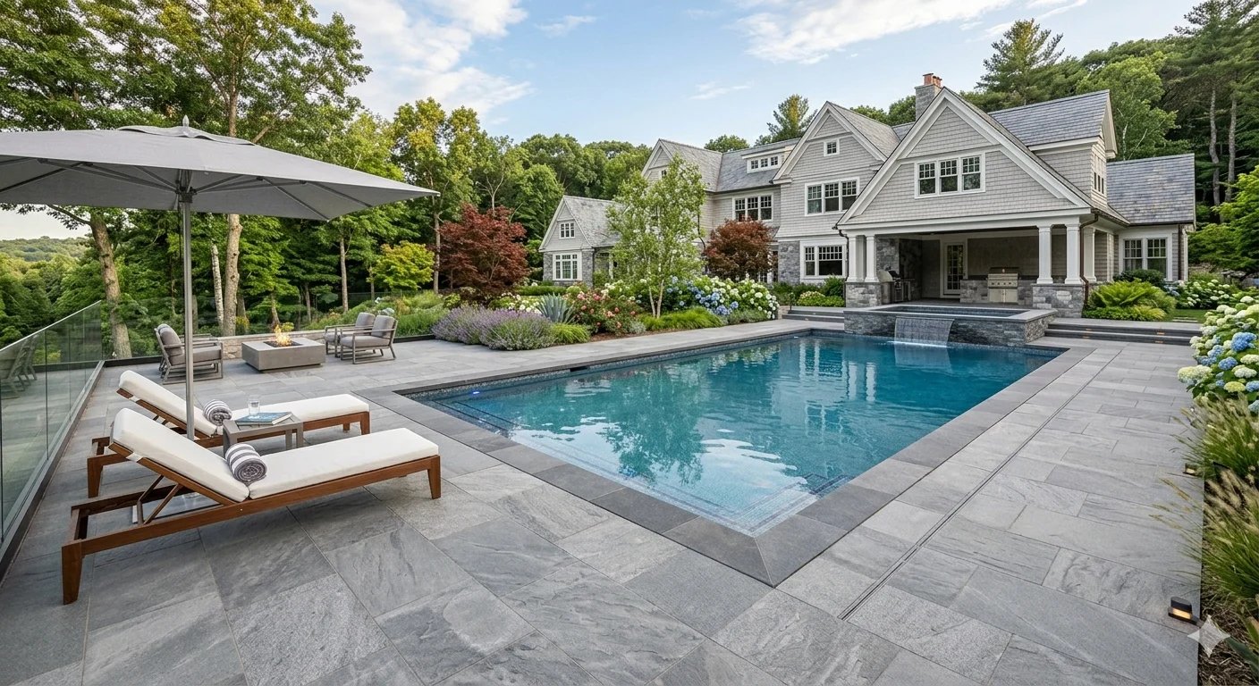 Modern home with rectangular swimming pool, loungers, pergola, and manicured landscaping on patio deck